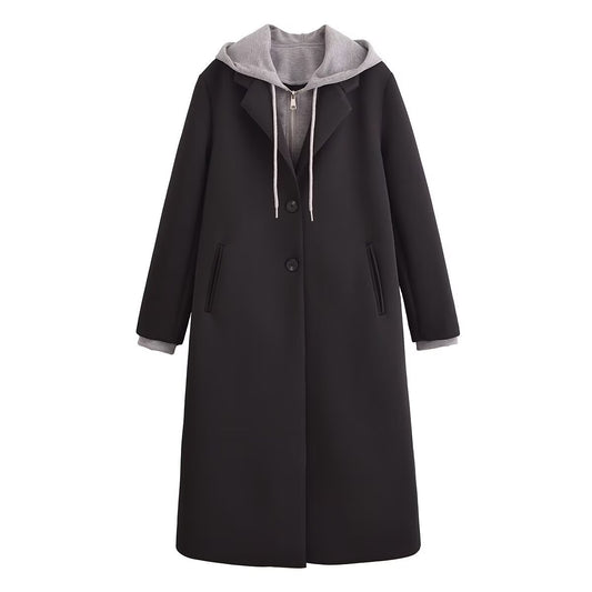 Damen modischer Übergangs-Mantel mit integriertem Kapuzenpullover Stalluxe