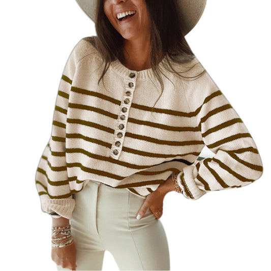 Damen Streifenstrickpullover mit Knopfleiste und weitem Schnitt Stalluxe