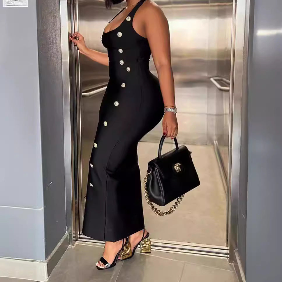 Damen Langarm Maxikleid mit knöpfbarem Ausschnitt und figurbetontem Schnitt Stalluxe