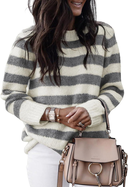 Damen lässiger Strickpullover mit breiten Querstreifen Stalluxe