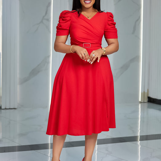Damen Midi-Kleid mit voluminösen Puffärmeln und schickem Taillengürtel Stalluxe