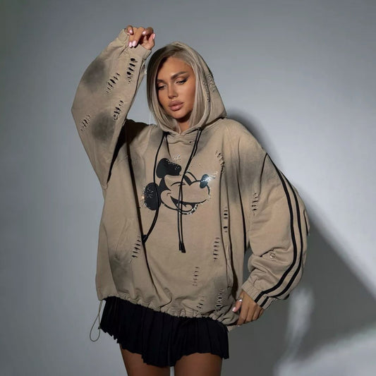 Damen Oversized Kapuzenpullover mit modischen Rissdetails und grafischem Print Stalluxe