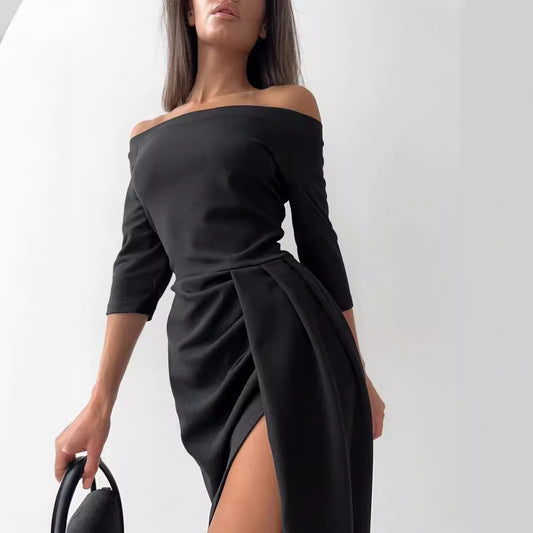 Damen Off-Shoulder Kleid mit asymmetrischem Schnitt und Drapierung Stalluxe