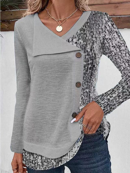 Damen Modisches Langarmshirt mit asymmetrischem Kragen und dekorativen Knopfdetails Stalluxe Grau