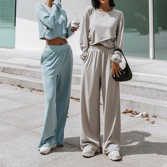 Damen lässiges Cropped Sweat-Set mit elastischem Bund und weitem Bein Stalluxe
