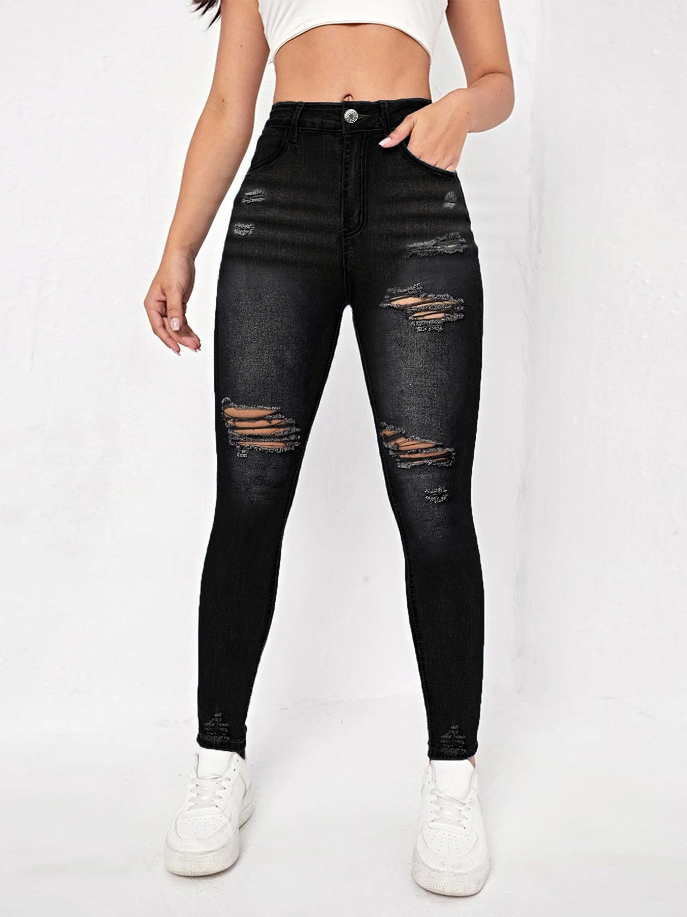 Damen Skinny Jeans mit modischen Rissdetails und hohem Bund Stalluxe Schwarz