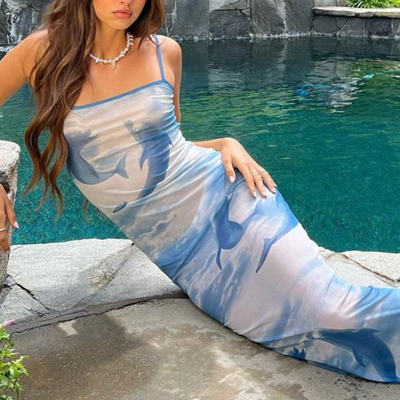 Damen Spaghetti-Träger Maxikleid mit elegantem Wasserfarben-Design Stalluxe