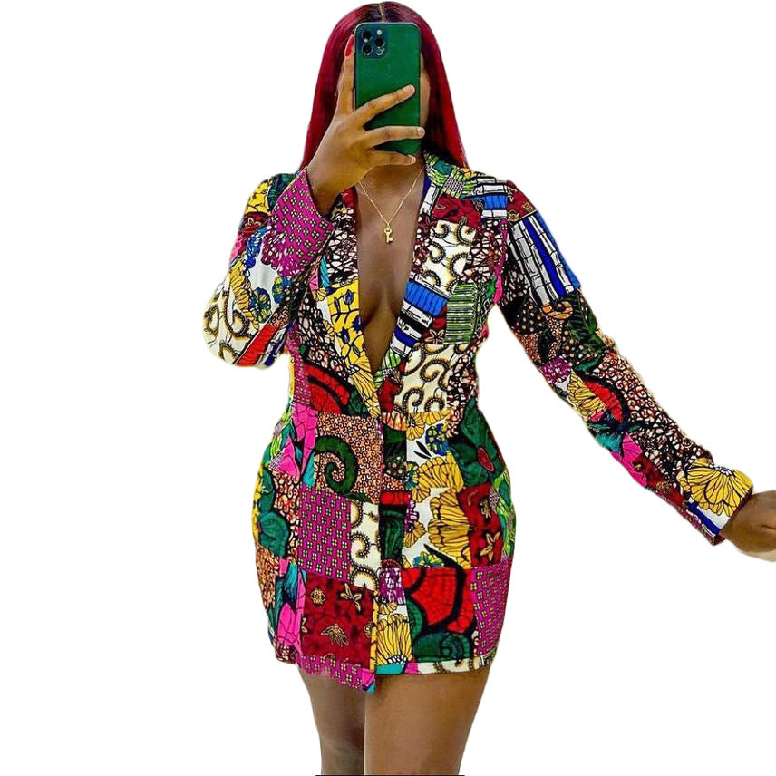 Damen Blazer-Kleid mit buntem Patchwork-Design und elegantem Revers Stalluxe
