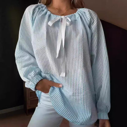 Damen Bluse mit elastischem Ausschnitt und Schleifenbindung Stalluxe