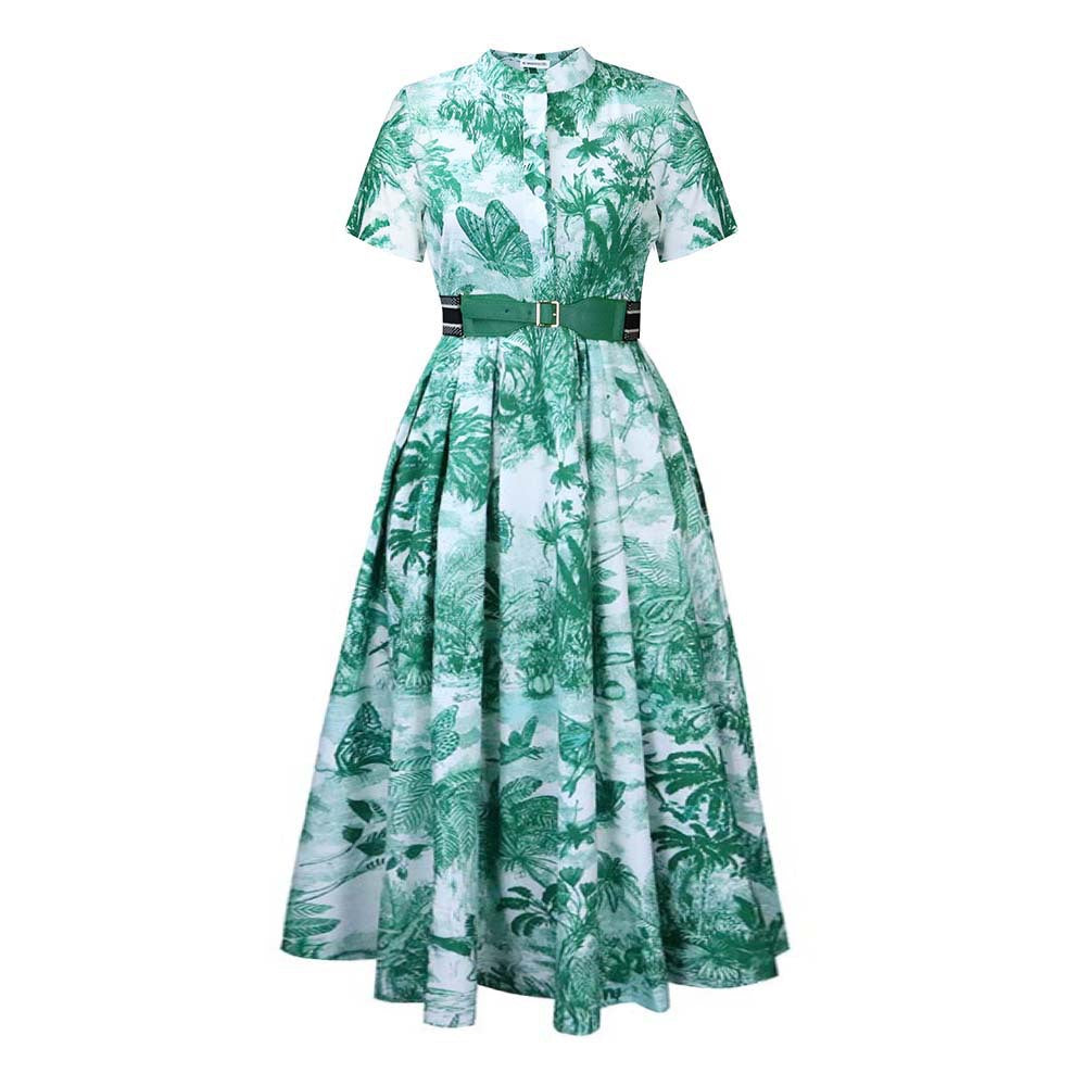 Damen Maxi-Kleid mit botanischem Druck und tailliertem Gürtel Stalluxe