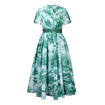 Damen Maxi-Kleid mit botanischem Druck und tailliertem Gürtel Stalluxe
