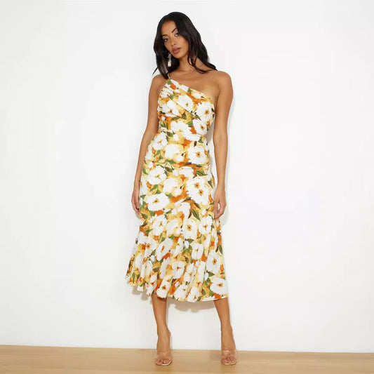 Damen Elegantes Maxikleid mit asymmetrischem Schnitt und floralen Mustern Stalluxe