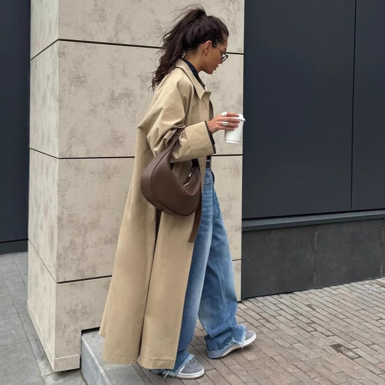 Damen Lange und elegante Trenchcoat-Jacke aus wasserabweisendem Material Stalluxe