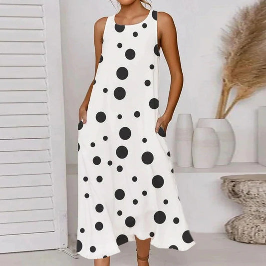 Damen Maxikleid mit asymmetrischem Punktedesign und praktischen Taschen Stalluxe