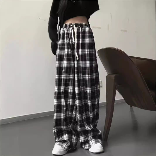 Damen weite Karohose mit elastischem Bund und Bindegürtel Stalluxe