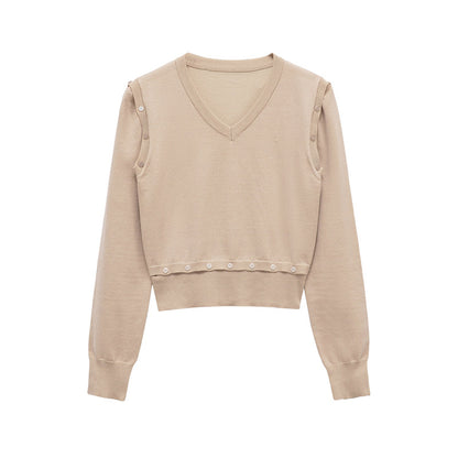 Damen Strickpullover mit V-Ausschnitt und dekorativen Knöpfen Stalluxe
