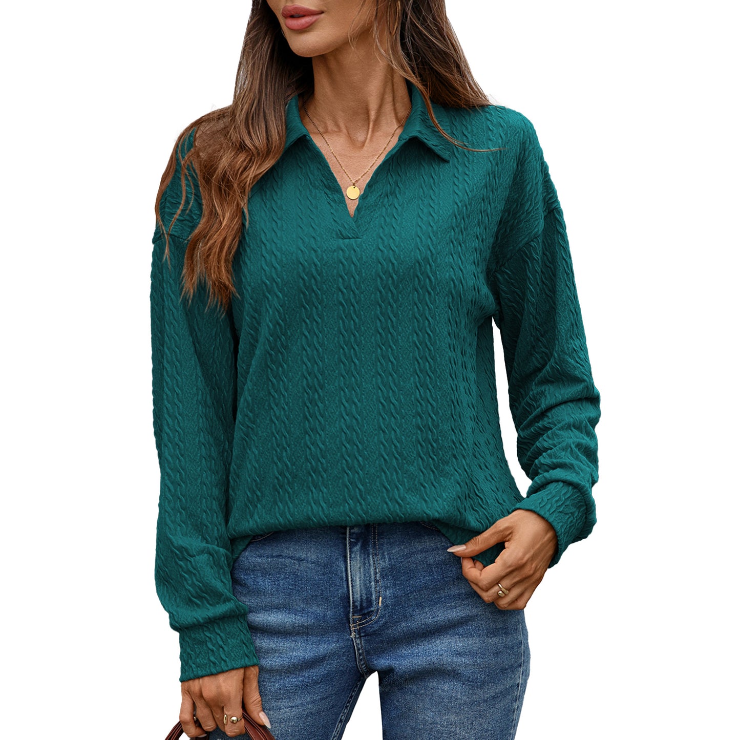 Damen Langarm-Polohemd mit strukturierter Strickoberfläche Stalluxe