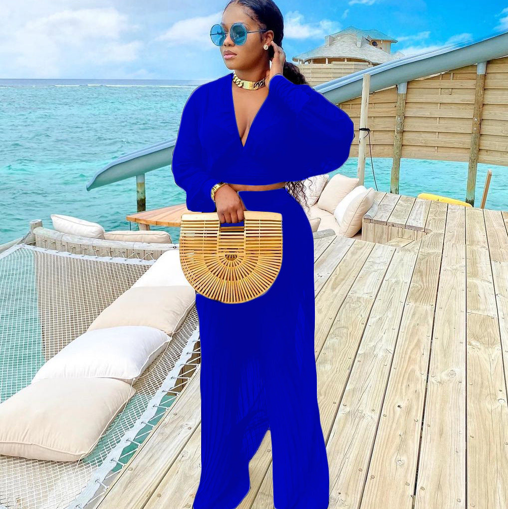 Damen Stilvolles Zweiteiliges Set mit weitem Schnitt und tiefem V-Ausschnitt Stalluxe Blau