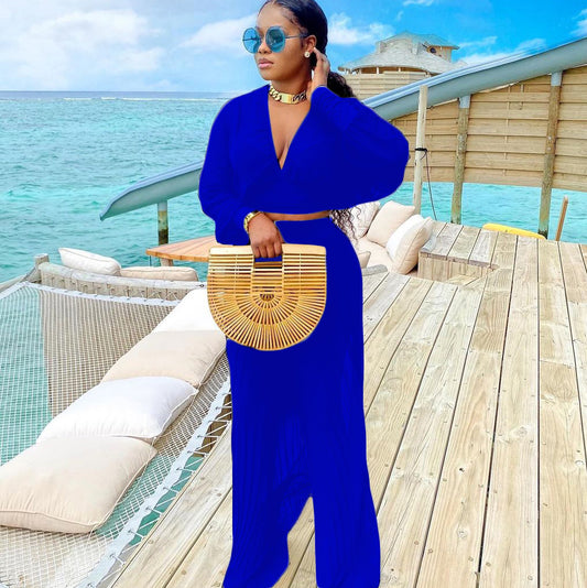 Damen Stilvolles Zweiteiliges Set mit weitem Schnitt und tiefem V-Ausschnitt Stalluxe Blau