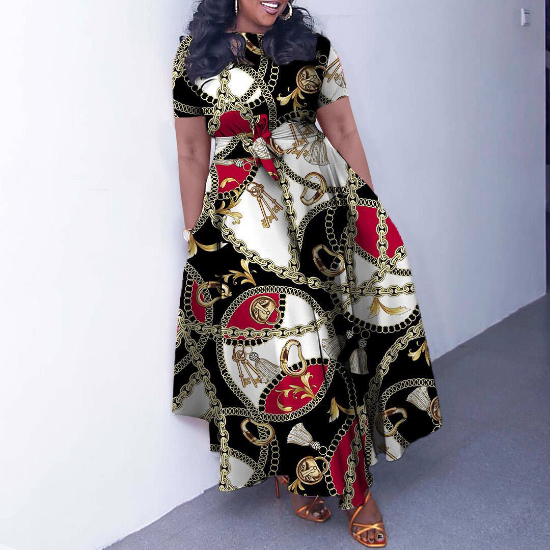 Damen Maxikleid mit modischem Grafikdruck und tailliertem Gürtel Stalluxe