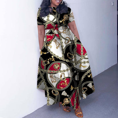 Damen Maxikleid mit modischem Grafikdruck und tailliertem Gürtel Stalluxe