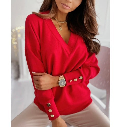 Damen Weicher Pullover mit tiefem V-Ausschnitt und dekorativen Knopfdetails Stalluxe