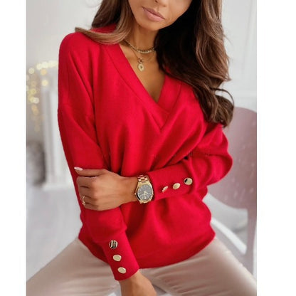 Damen Weicher Pullover mit tiefem V-Ausschnitt und dekorativen Knopfdetails Stalluxe