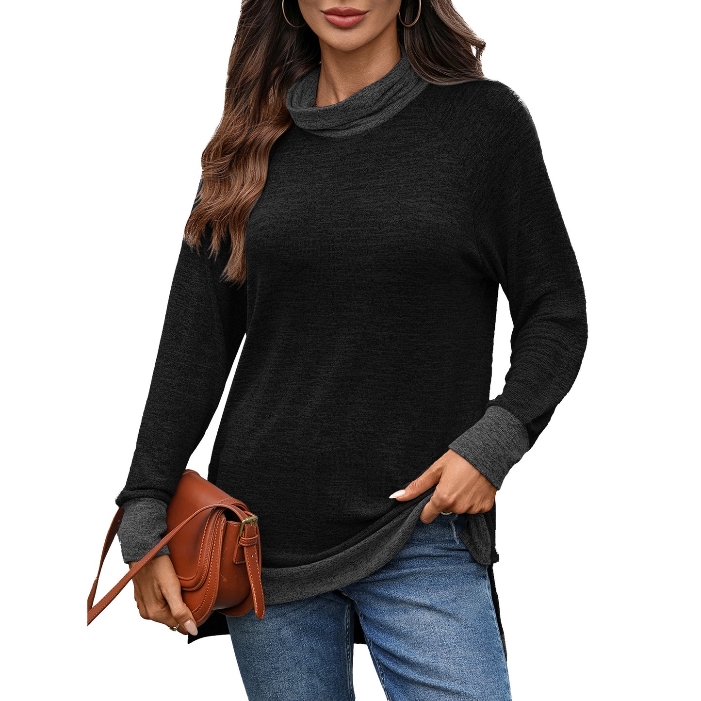 Damen lässiger Pullover mit stehendem Kragen und seitlichen Schlitzen Stalluxe