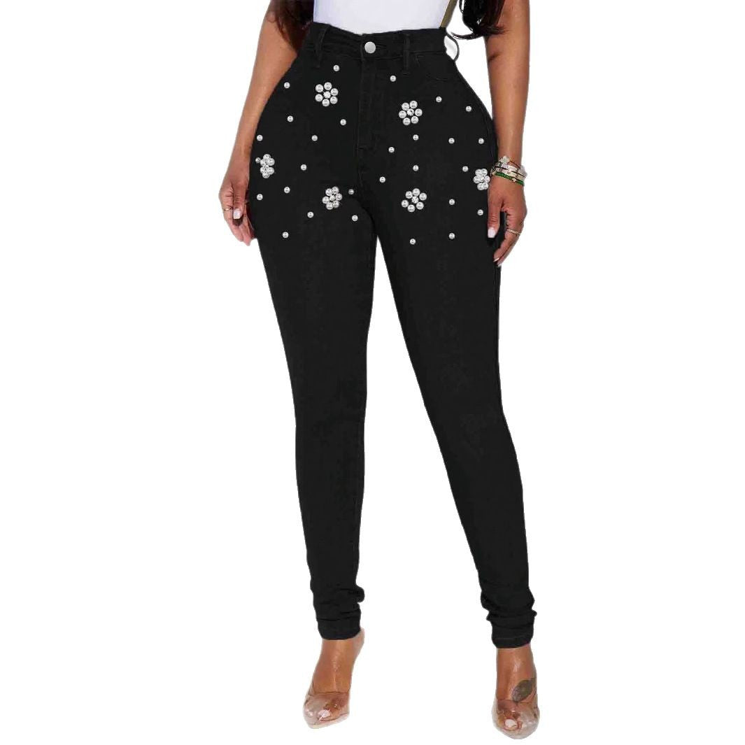 Damen Figurbetonte High-Waist Jeans mit Perlenapplikationen Stalluxe
