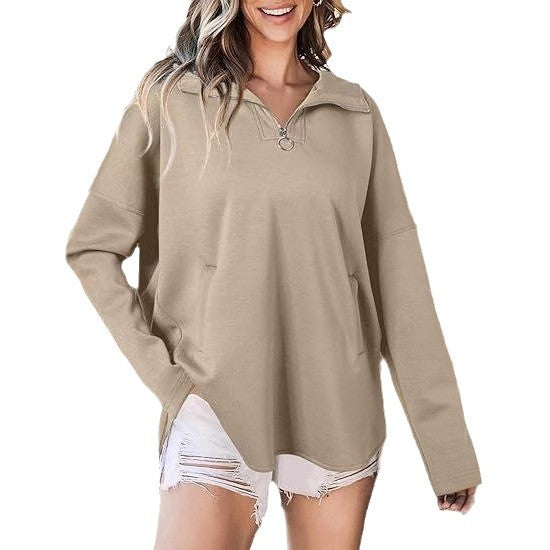 Damen lässiger Oversized Pullover mit halben Reißverschluss und Seitentaschen Stalluxe