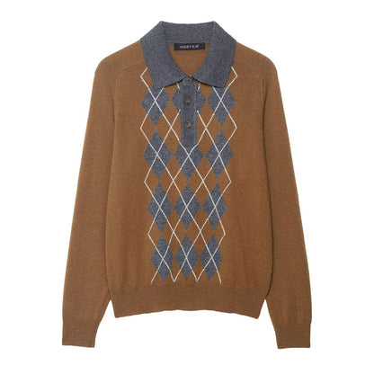 Damen Pullover mit modernem Rautenmuster und Polokragen Stalluxe