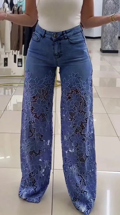 Damen Elegante weite Jeanshose mit floralem Spitzeinsatz Stalluxe