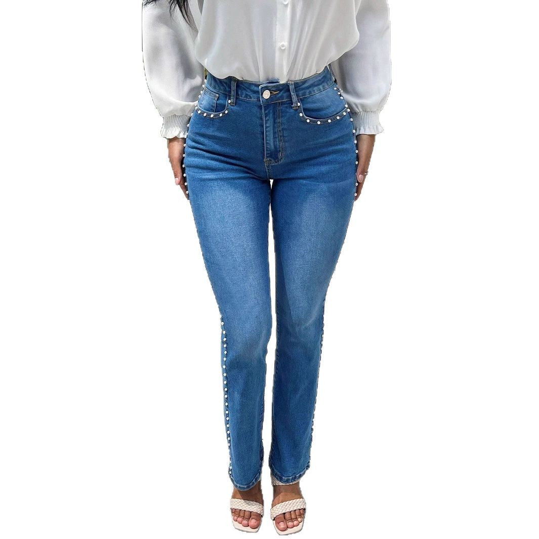 Damen Hochtaillierte Jeans mit Perlendetails Stalluxe