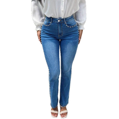 Damen Hochtaillierte Jeans mit Perlendetails Stalluxe