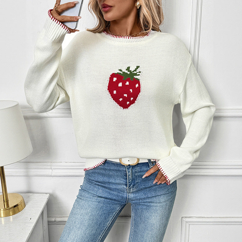 Damen Pullover mit Erdbeer-Motiv und Rippdetails Stalluxe