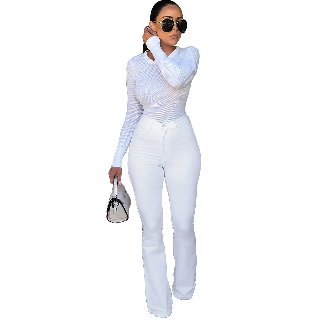 Damen figurbetonendes Oberteil mit hohen Kragen Stalluxe Weiß