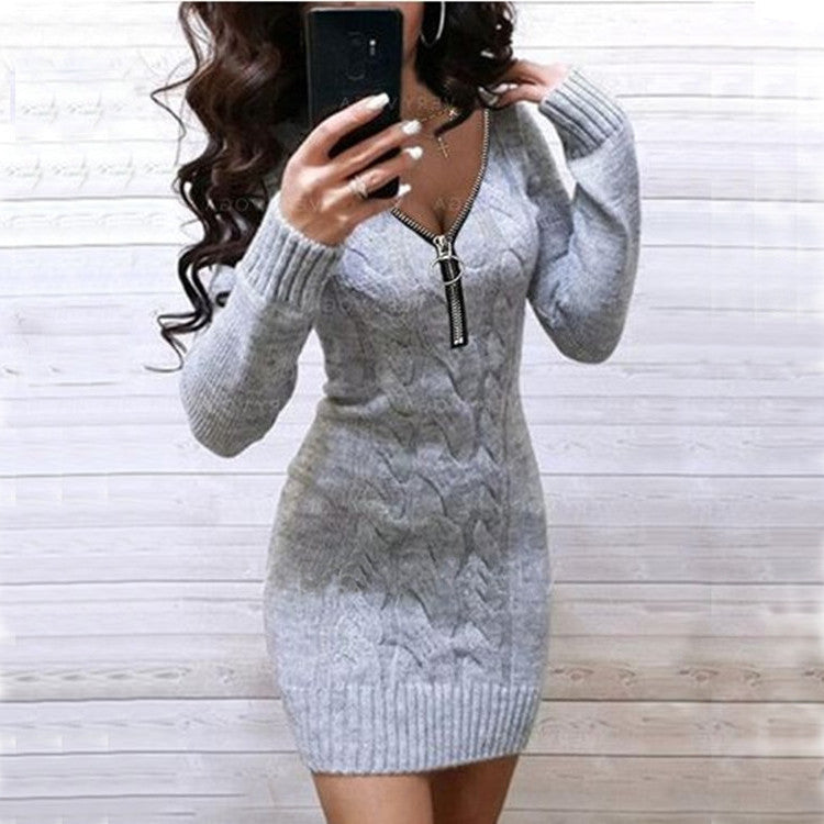 Damen Strickkleid mit detailreicher Zipper-Front und stilvollem Rautenmuster Stalluxe