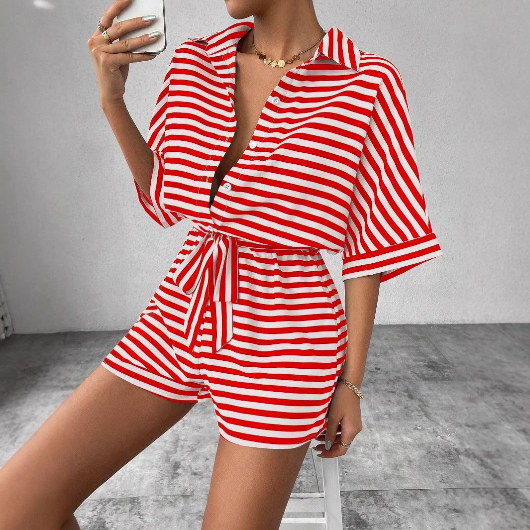 Damen Rompershirt mit modernen Streifen und taillierendem Gürtel Stalluxe