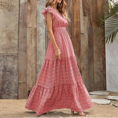Damen Maxikleid mit zarten Rüschendetails und tieferem V-Ausschnitt Stalluxe
