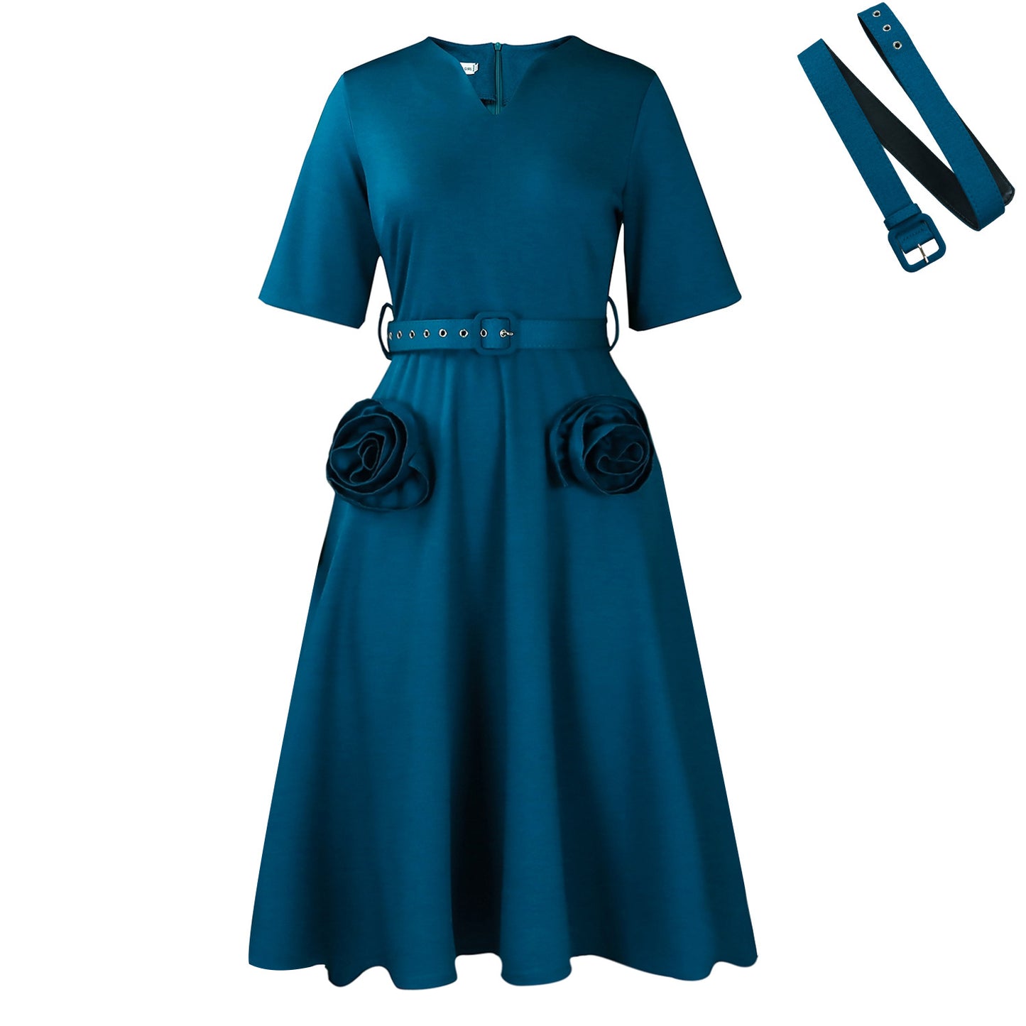 Damen Midi-Kleid mit dekorativen Blumenapplikationen und Taillengürtel Stalluxe