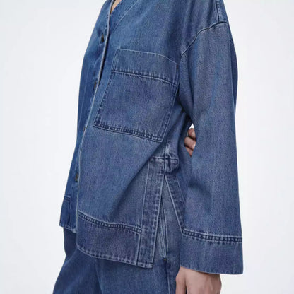 Damen lässiges Denim-Jacket-Hosen-Set mit Übergrößen Stalluxe