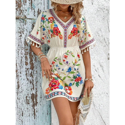 Damen Freizeitkleid mit floralem Design und fransigen Ärmeln Stalluxe