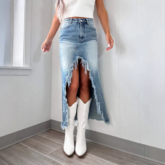 Damen Jeansrock mit asymmetrischem Schlitz und Fransensaum Stalluxe