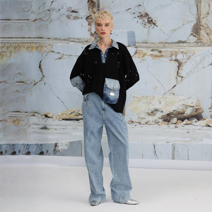 Damen Urbaner Oversized Pullover mit Denim-Details Stalluxe