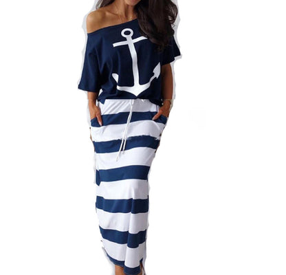Damen gestreiftes Maxikleid mit maritimem Design und praktischen Taschen Stalluxe