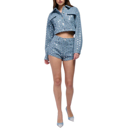Damen Crop-Jeanjacke mit funkelndem Sternmuster und passender Short Stalluxe