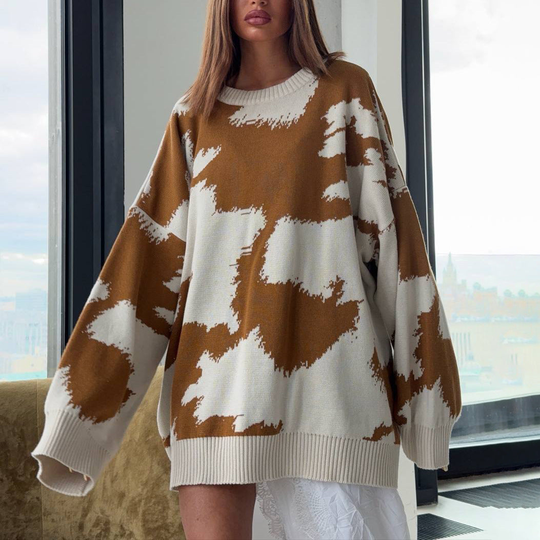 Damen Oversized-Strickpullover mit kreativem Muster Stalluxe Kaffee