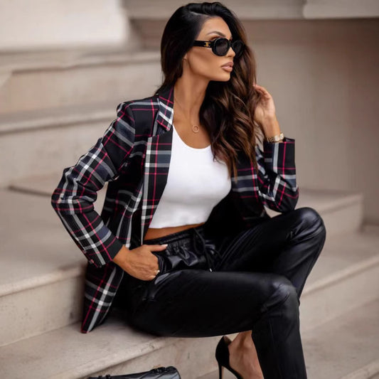 Damen kariertes Oversized-Blazer-Jackett Stalluxe