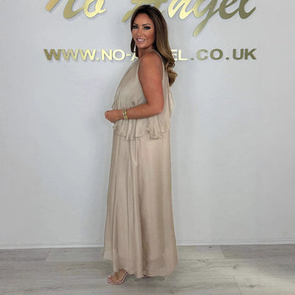 Damen Elegantes langes Abendkleid mit fließendem Stoff und Schichten Stalluxe