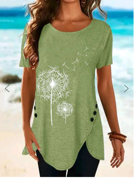 Damen Kurzarmshirt mit asymmetrischem Saum und Dandelion-Print Stalluxe